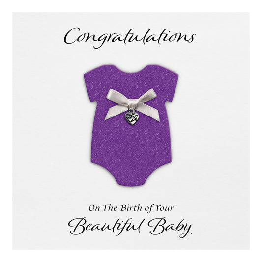 New Baby Card (Heart Charm & Bow) - White Cardstock / Purple Glitter