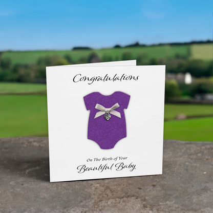 New Baby Card (Heart Charm & Bow) - White Cardstock / Purple Glitter