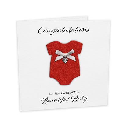 New Baby Card (Heart Charm & Bow) - White Cardstock / Red Glitter