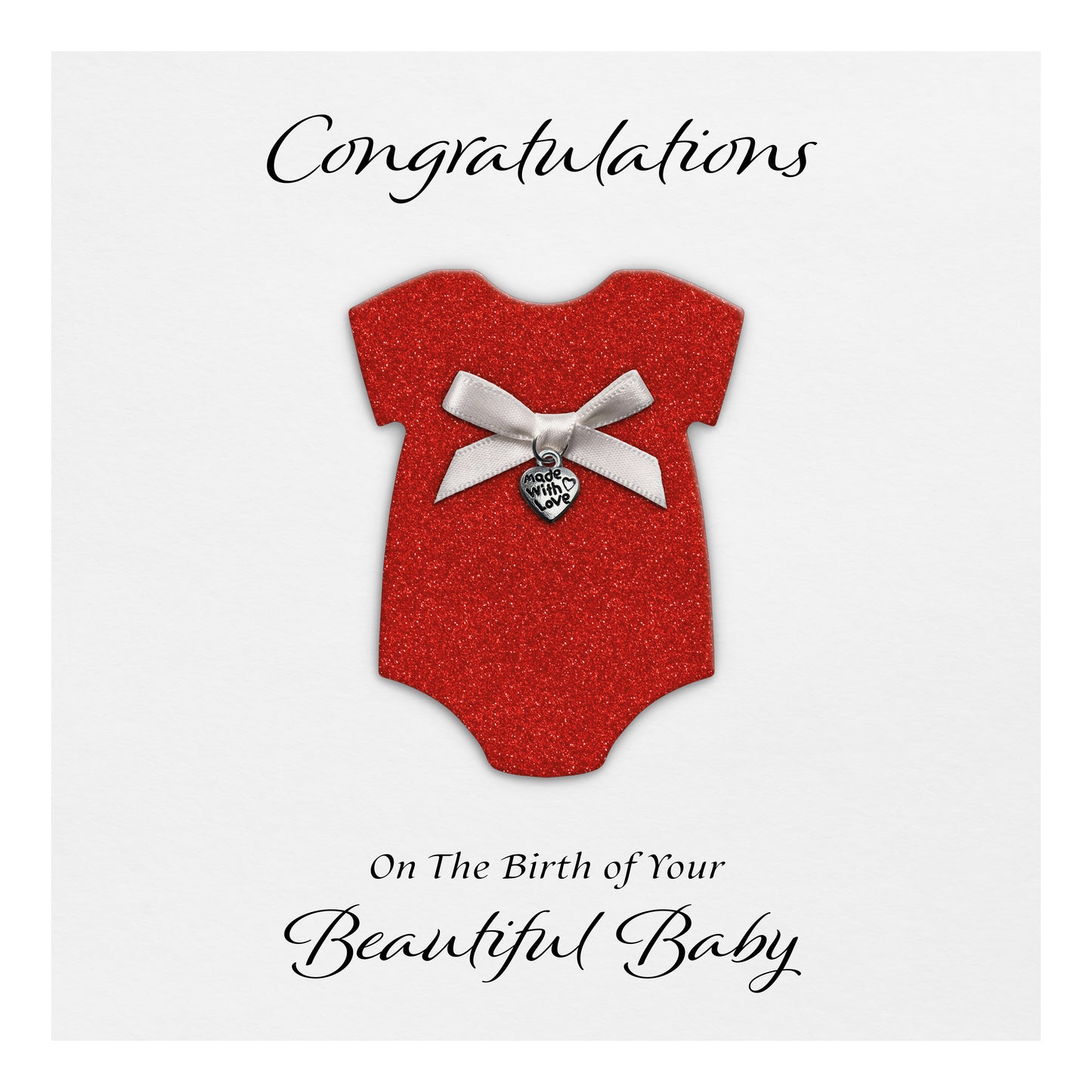 New Baby Card (Heart Charm & Bow) - White Cardstock / Red Glitter