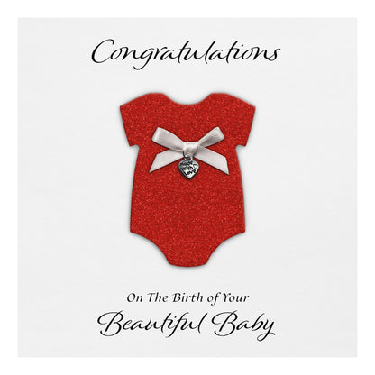 New Baby Card (Heart Charm & Bow) - White Cardstock / Red Glitter