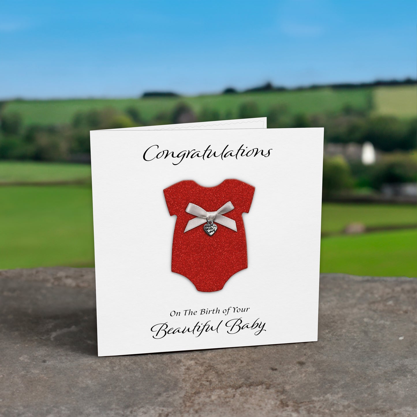 New Baby Card (Heart Charm & Bow) - White Cardstock / Red Glitter