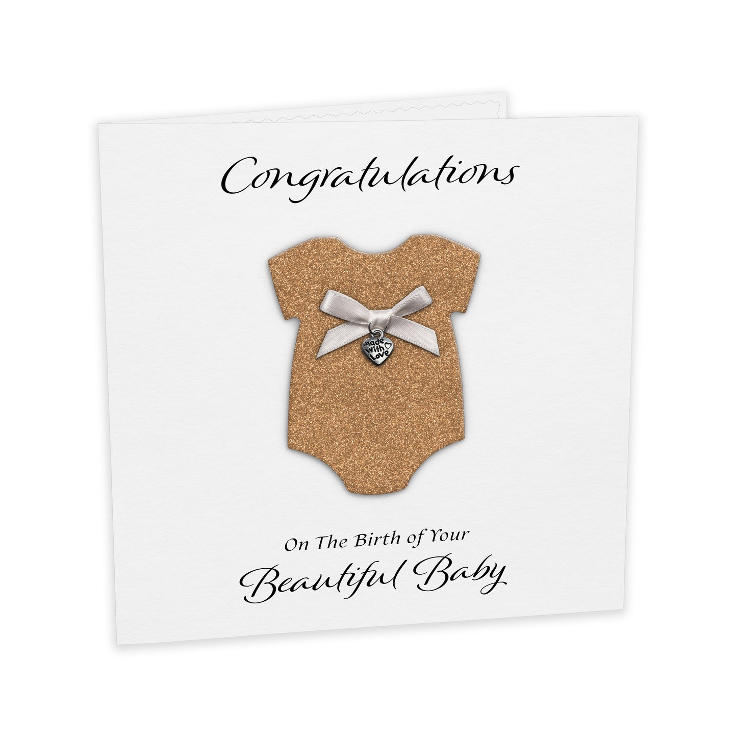 New Baby Card (Heart Charm & Bow) - White Cardstock / Rose Gold Glitter