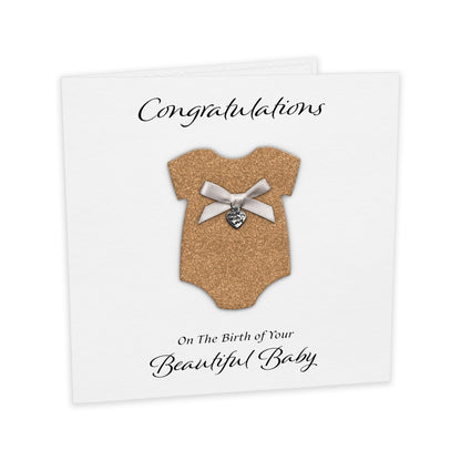 New Baby Card (Heart Charm & Bow) - White Cardstock / Rose Gold Glitter
