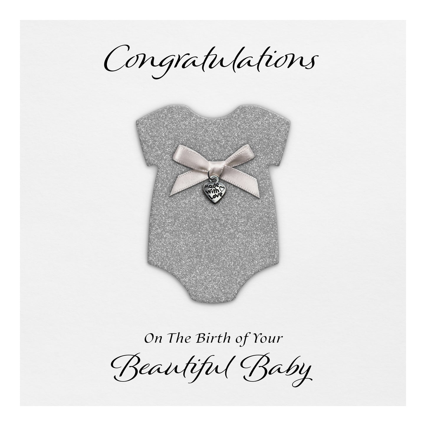 New Baby Card (Heart Charm & Bow) - White Cardstock / Silver Glitter