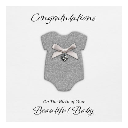 New Baby Card (Heart Charm & Bow) - White Cardstock / Silver Glitter