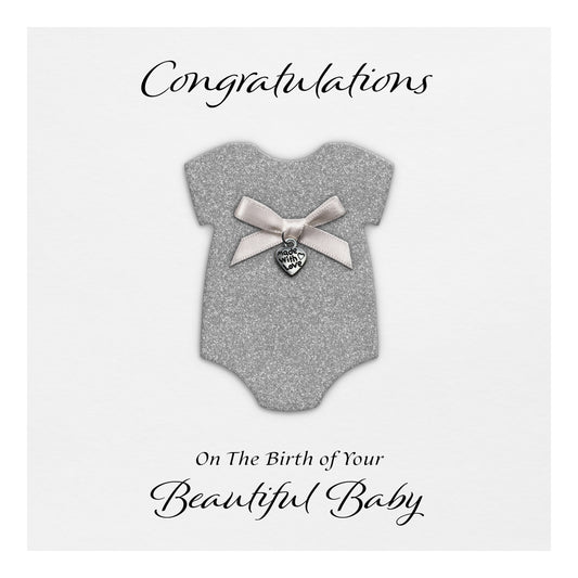 New Baby Card (Heart Charm & Bow) - White Cardstock / Silver Glitter