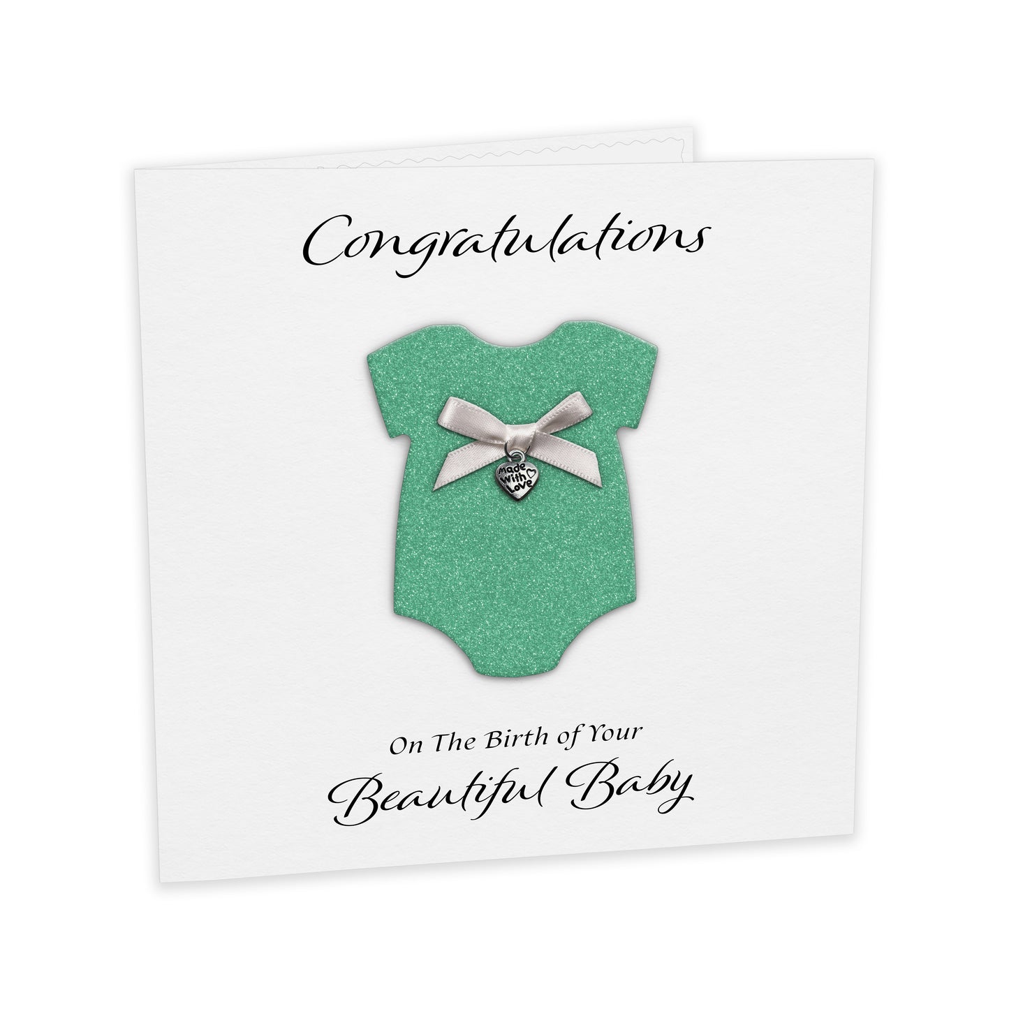 New Baby Card (Heart Charm & Bow) - White Cardstock / Spearmint Glitter