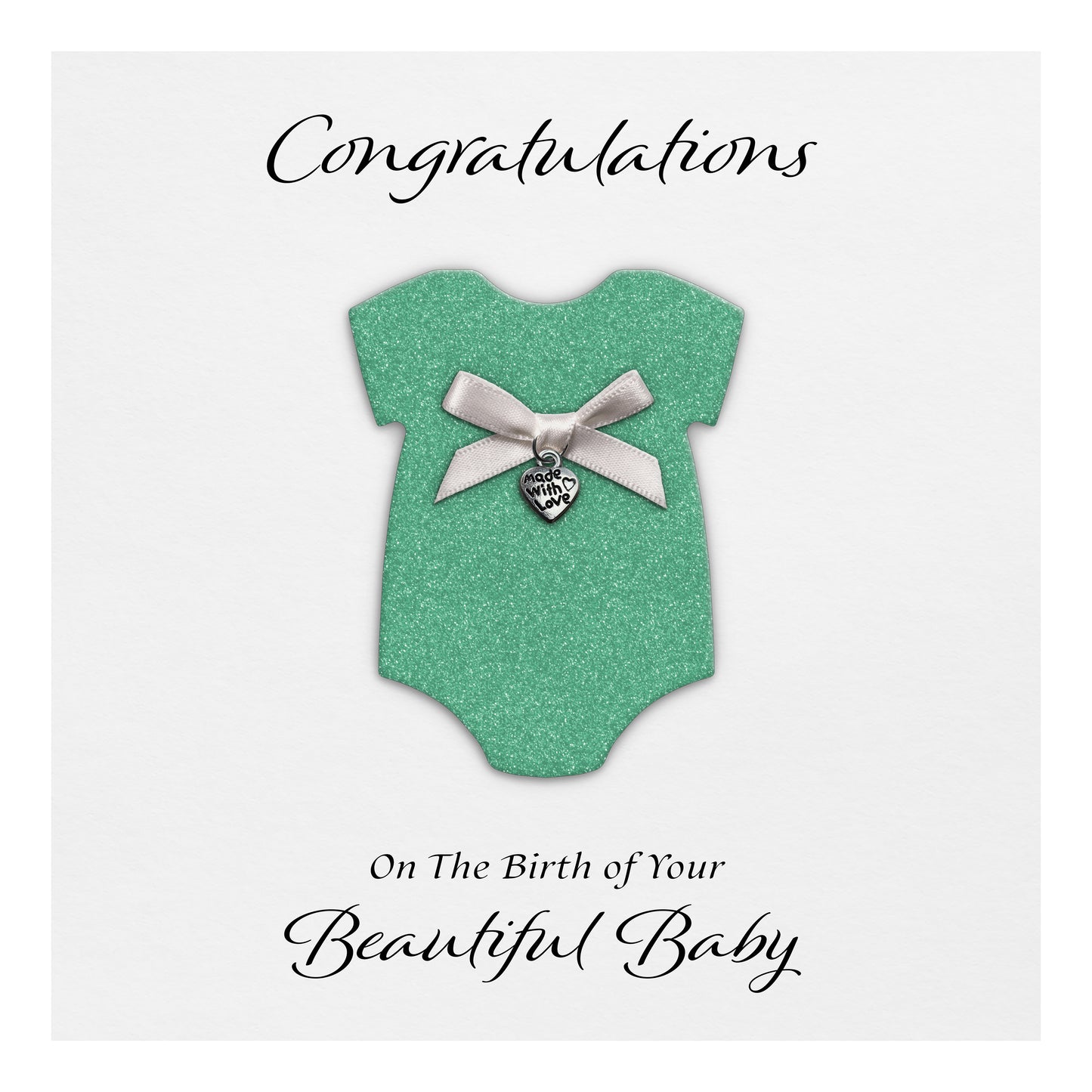 New Baby Card (Heart Charm & Bow) - White Cardstock / Spearmint Glitter