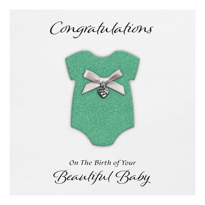 New Baby Card (Heart Charm & Bow) - White Cardstock / Spearmint Glitter