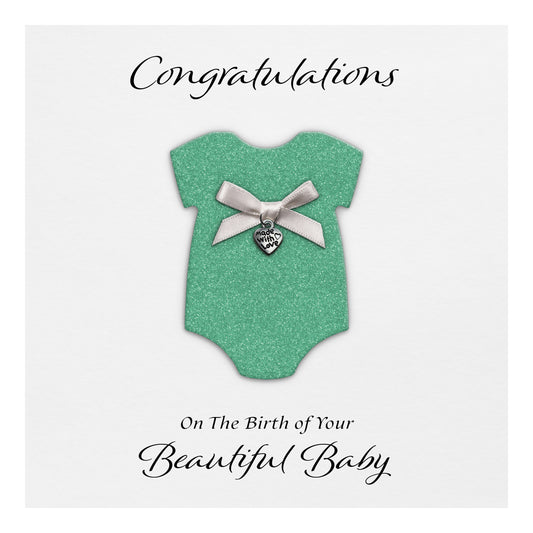 New Baby Card (Heart Charm & Bow) - White Cardstock / Spearmint Glitter