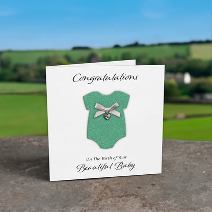 New Baby Card (Heart Charm & Bow) - White Cardstock / Spearmint Glitter