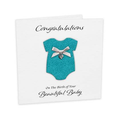 New Baby Card (Heart Charm & Bow) - White Cardstock / Turquoise Glitter