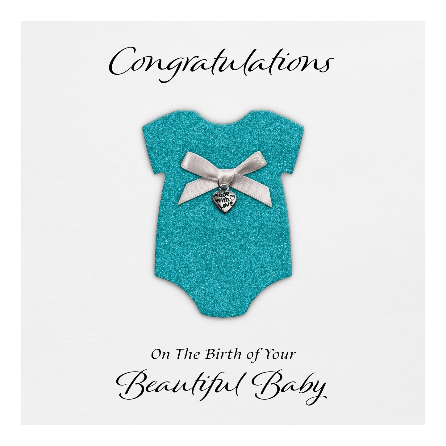 New Baby Card (Heart Charm & Bow) - White Cardstock / Turquoise Glitter