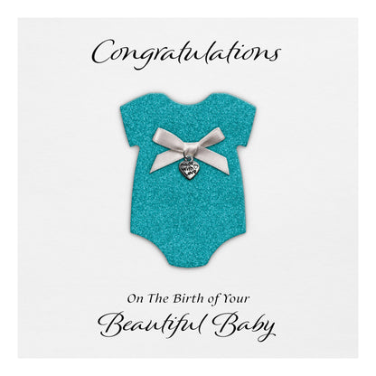 New Baby Card (Heart Charm & Bow) - White Cardstock / Turquoise Glitter