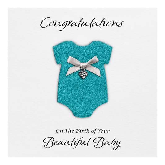 New Baby Card (Heart Charm & Bow) - White Cardstock / Turquoise Glitter