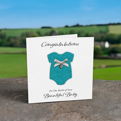 New Baby Card (Heart Charm & Bow) - White Cardstock / Turquoise Glitter