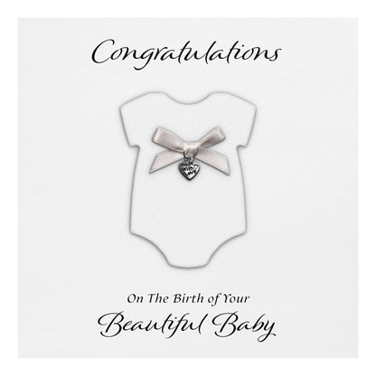 New Baby Card (Heart Charm & Bow) - White Cardstock / White Glitter