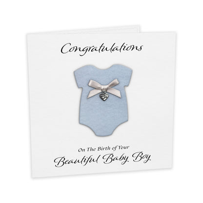 New Baby Card (Heart Charm & Bow) - White Cardstock / Powder Blue
