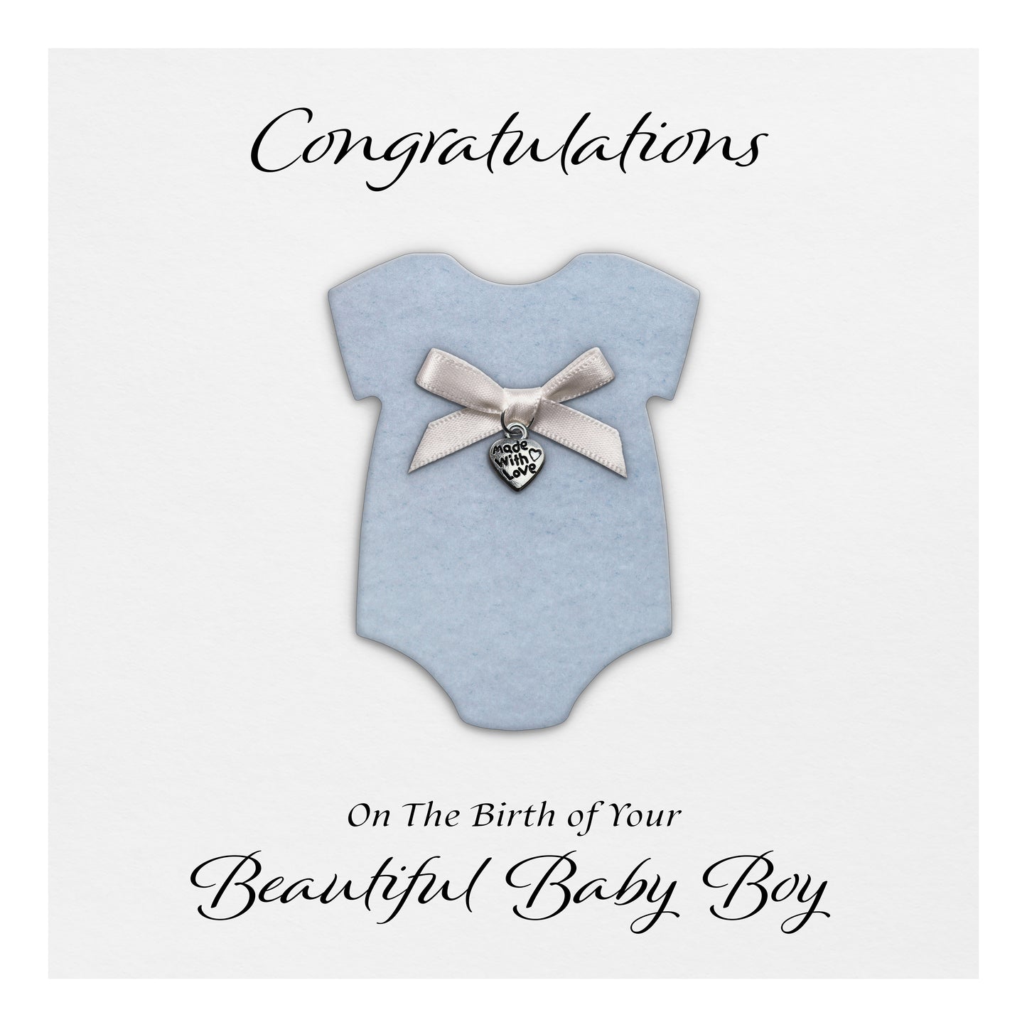 New Baby Card (Heart Charm & Bow) - White Cardstock / Powder Blue