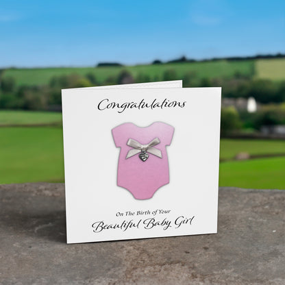 New Baby Card (Heart Charm & Bow) - White Cardstock / Powder Pink