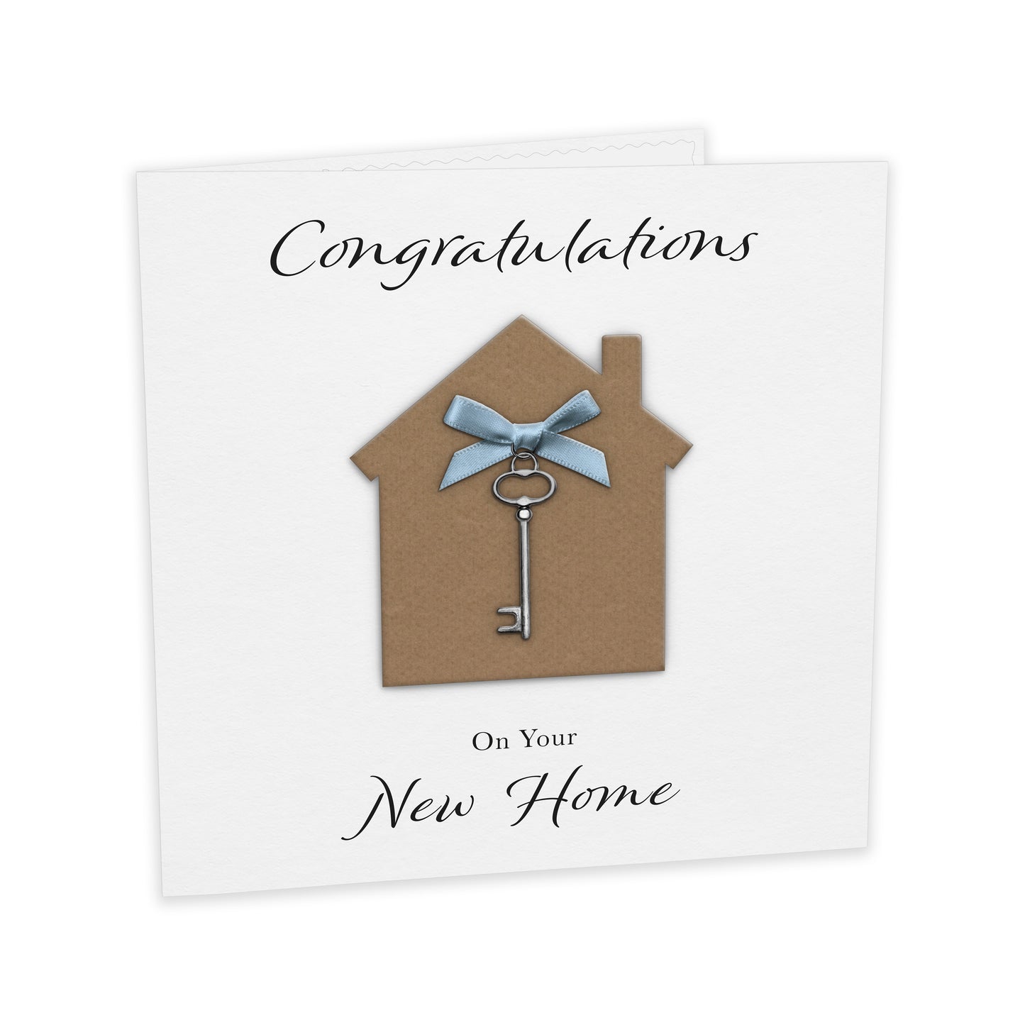 New Home Card (Key Charm & Bow) - White Cardstock - Blue Bow
