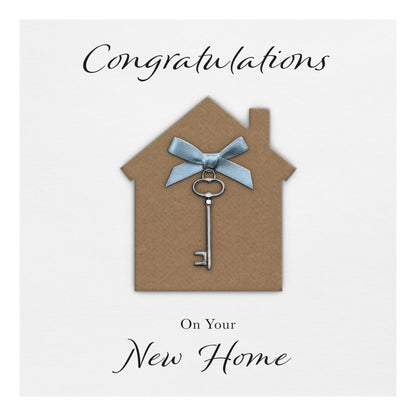 New Home Card (Key Charm & Bow) - White Cardstock - Blue Bow