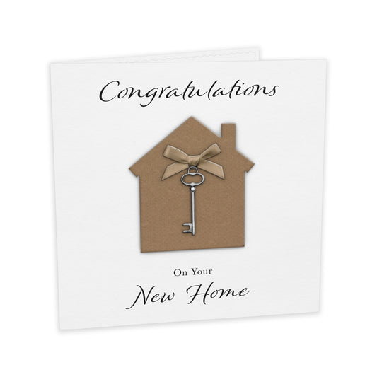 New Home Card (Key Charm & Bow) - White Cardstock - Brown Bow
