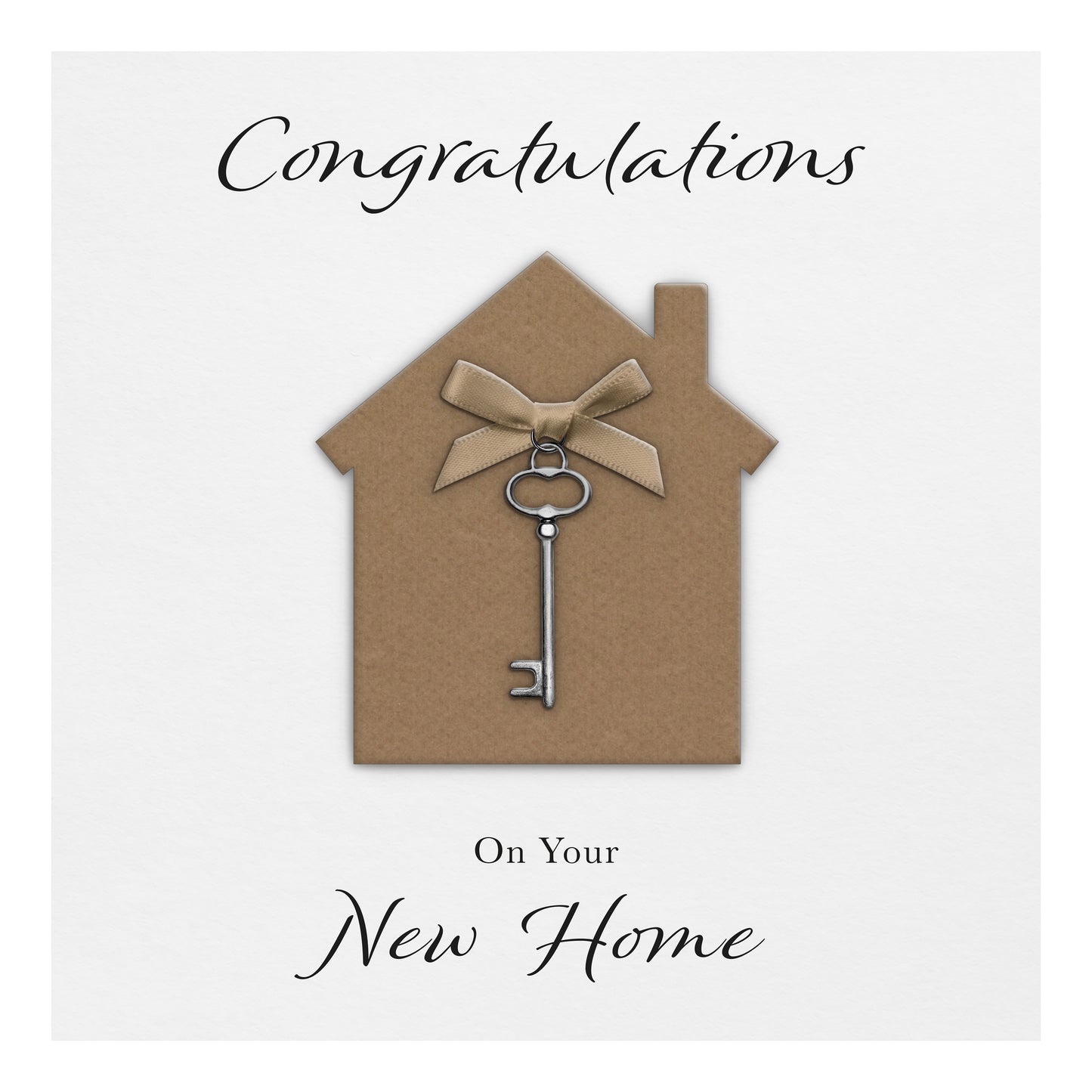 New Home Card (Key Charm & Bow) - White Cardstock - Brown Bow