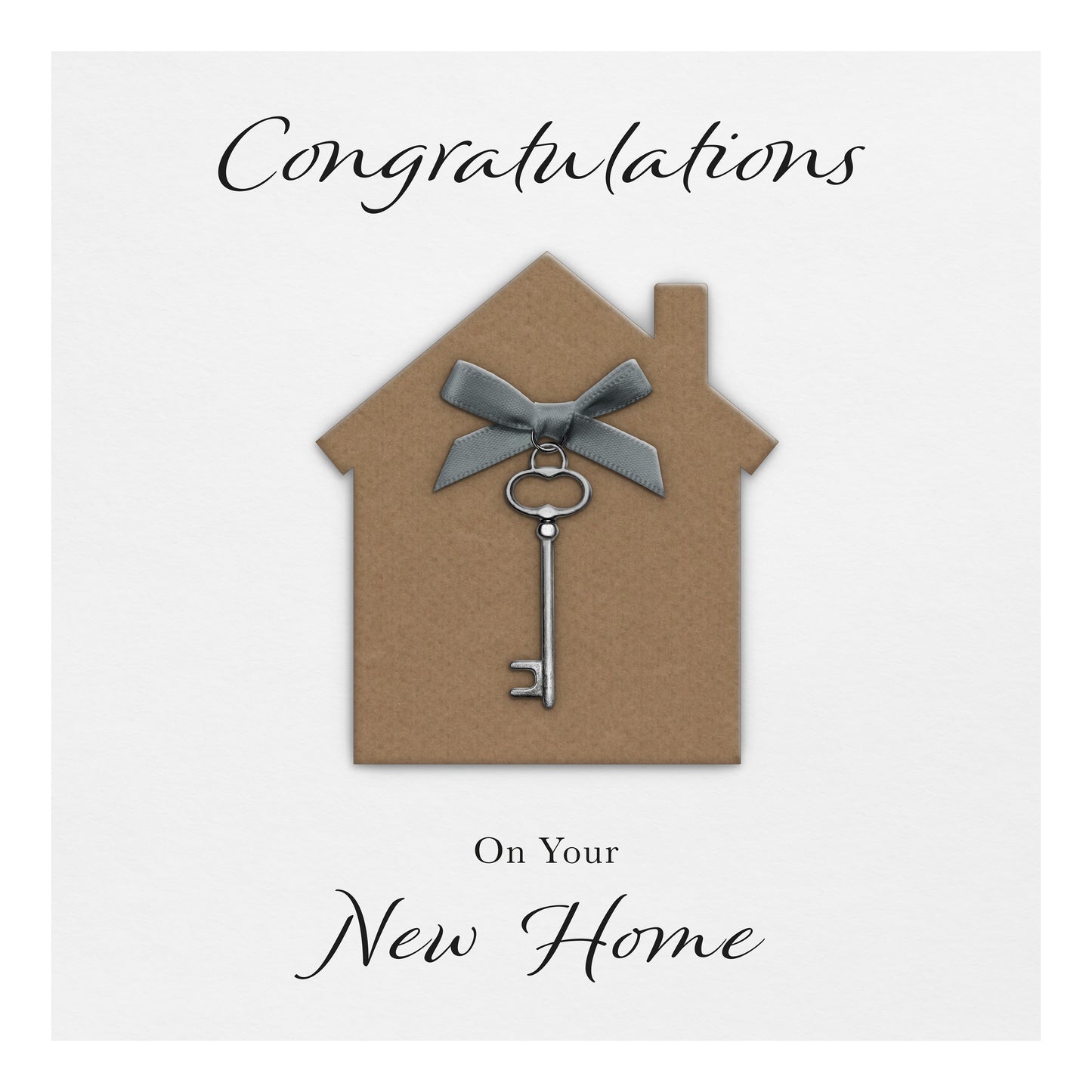 New Home Card (Key Charm & Bow) - White Cardstock - Grey Bow