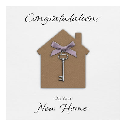 New Home Card (Key Charm & Bow) - White Cardstock - Lilac Bow