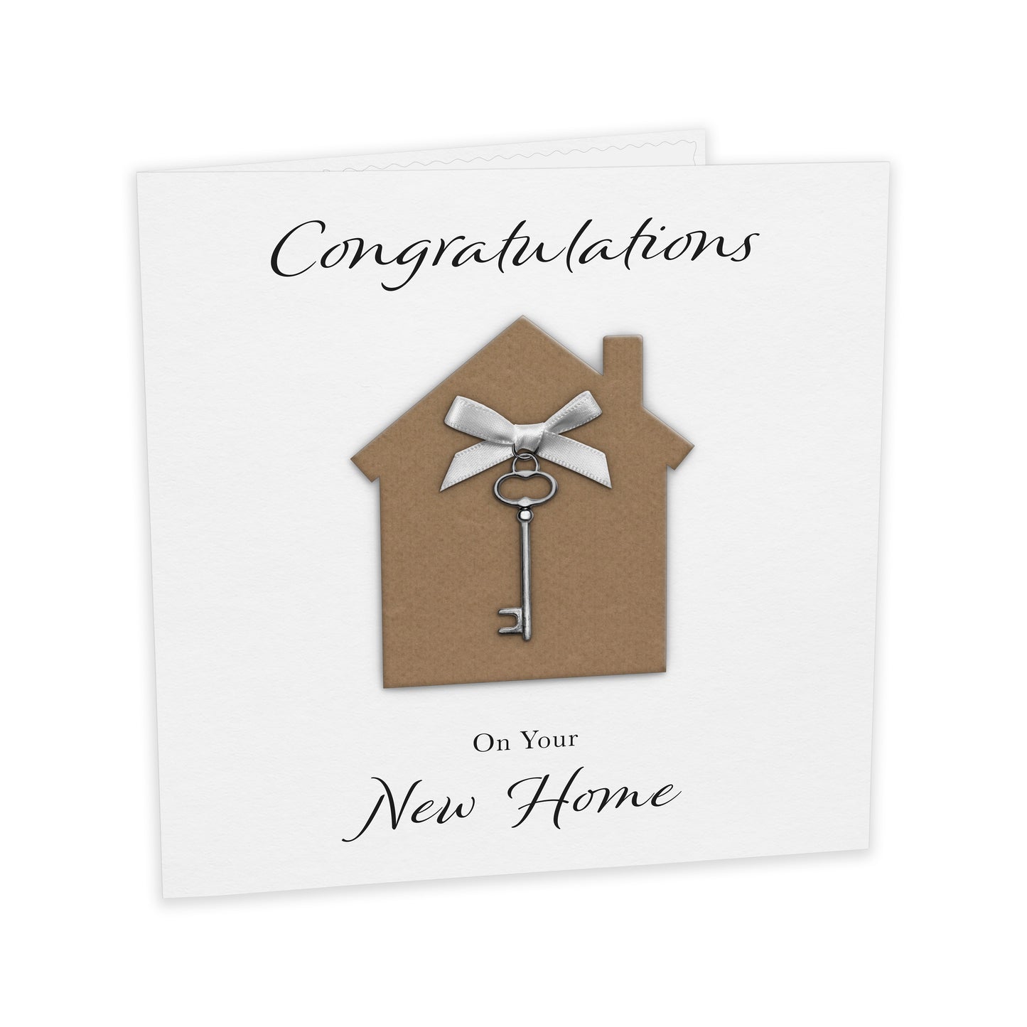 New Home Card (Key Charm & Bow) - White Cardstock - White Bow
