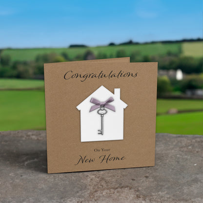 New Home Card (Key Charm & Bow) - Kraft Cardstock - Lilac Bow