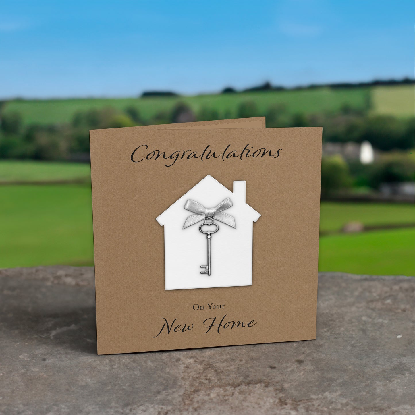 New Home Card (Key Charm & Bow) - Kraft Cardstock - White Bow
