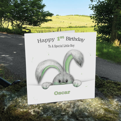 Personalised Birthday Card (Peeping Bunny) - Green