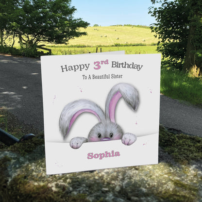 Personalised Birthday Card (Peeping Bunny) - Pink