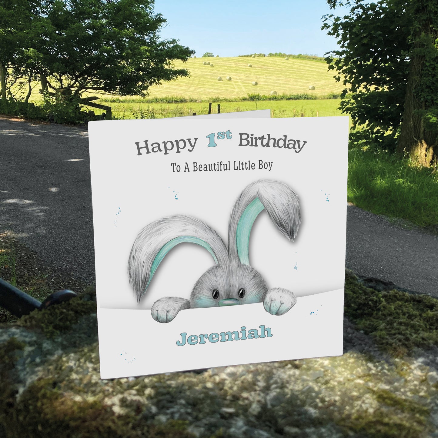 Personalised Birthday Card (Peeping Bunny) - Turquoise