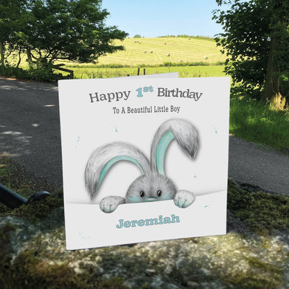 Personalised Birthday Card (Peeping Bunny) - Turquoise