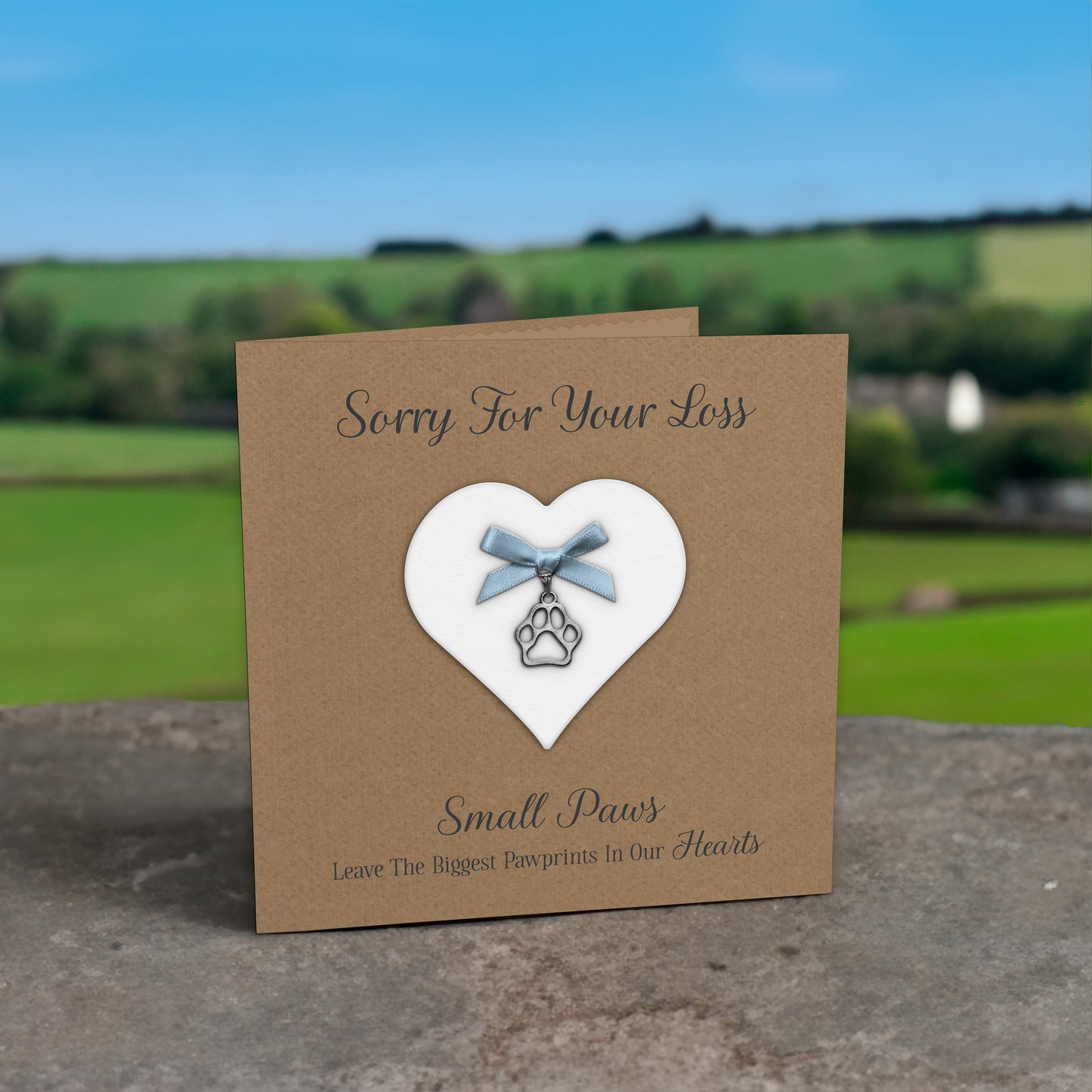 Pet Bereavement Card (Paw Charm & Bow) - Kraft Cardstock - Blue Bow