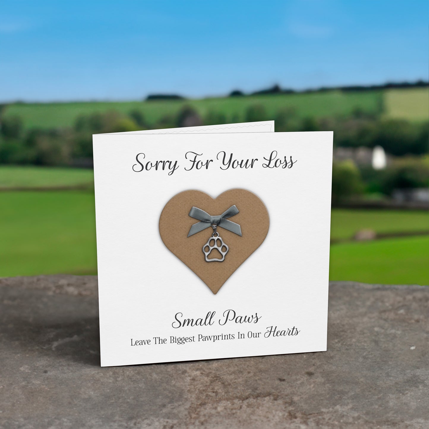 Pet Bereavement Card (Paw Charm & Bow) - White Cardstock - Grey Bow