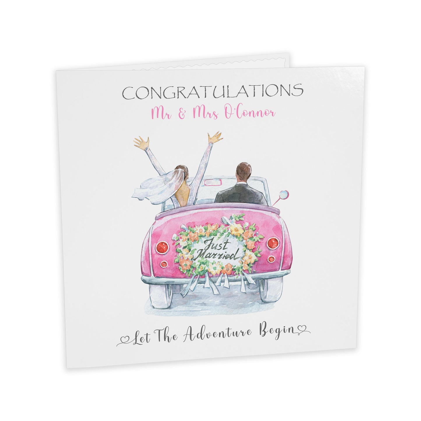 Personalised Wedding Card (Just Married, Car) - Pink