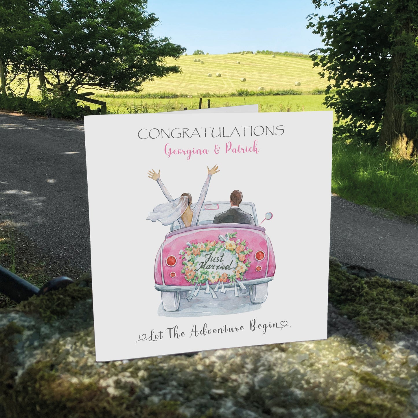 Personalised Wedding Card (Just Married, Car) - Pink