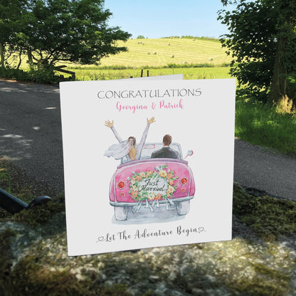 Personalised Wedding Card (Just Married, Car) - Pink