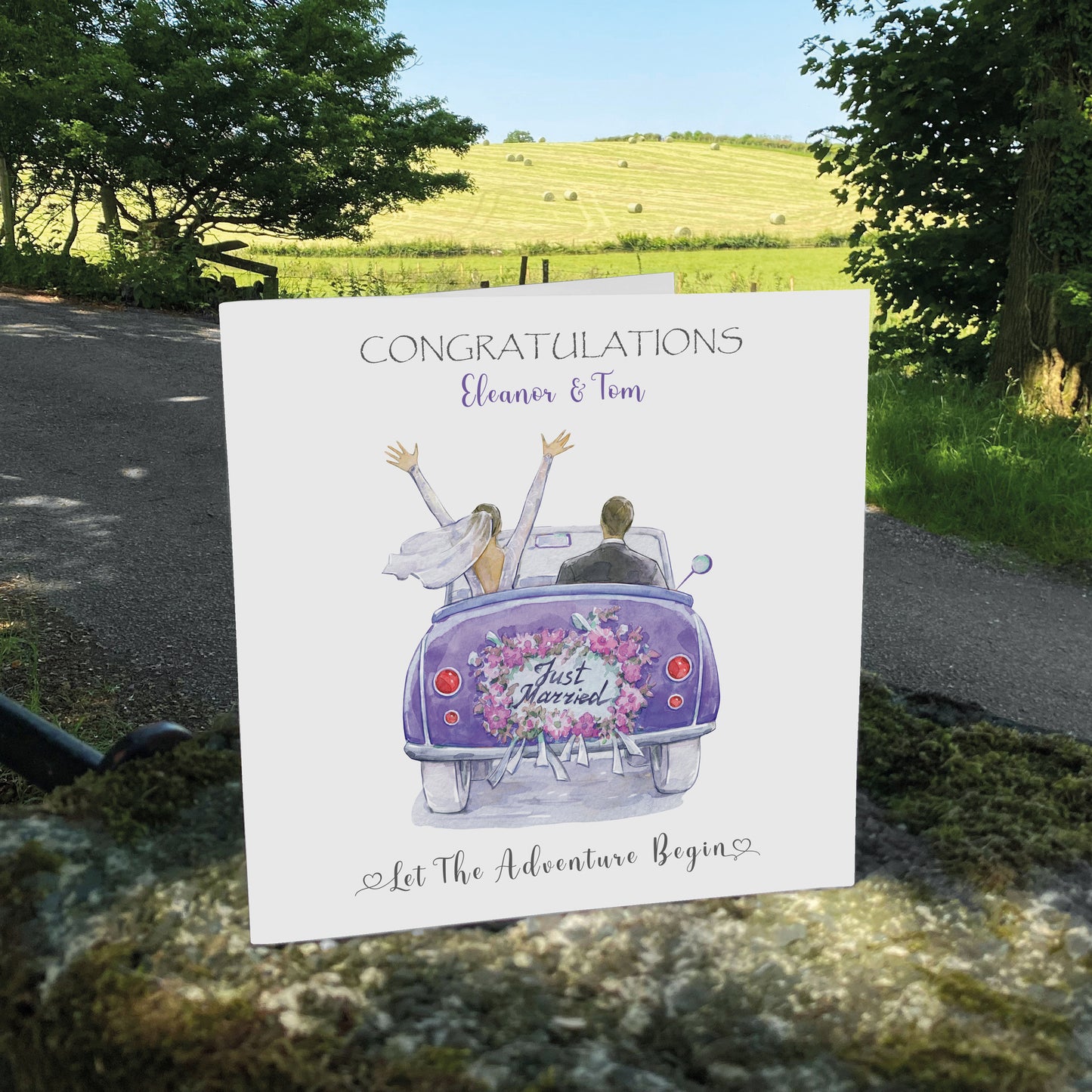 Personalised Wedding Card (Just Married, Car) - Purple