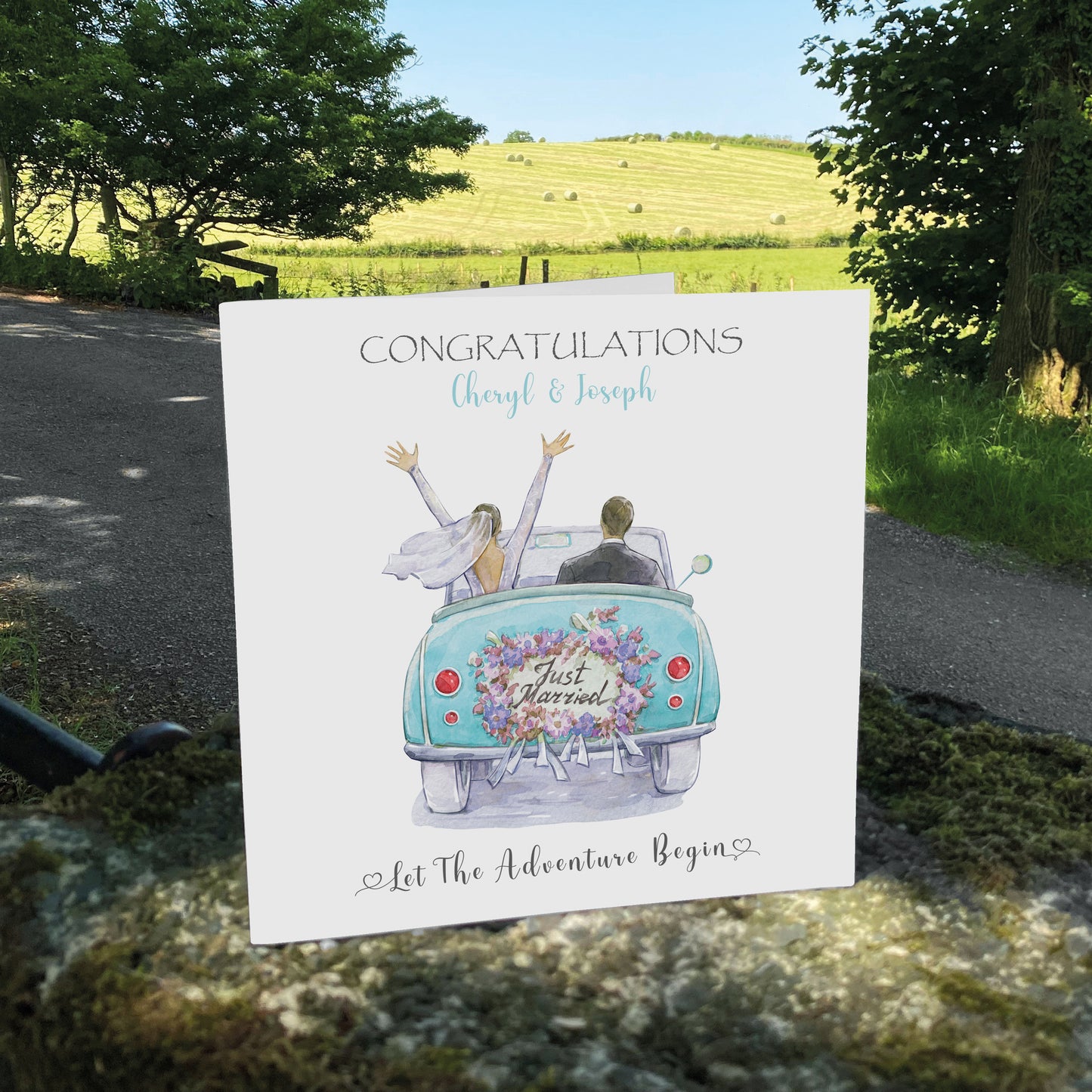Personalised Wedding Card (Just Married, Car) - Turquoise