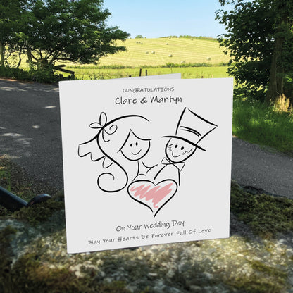 Personalised Wedding Card (Love Heart Couple) - Pink