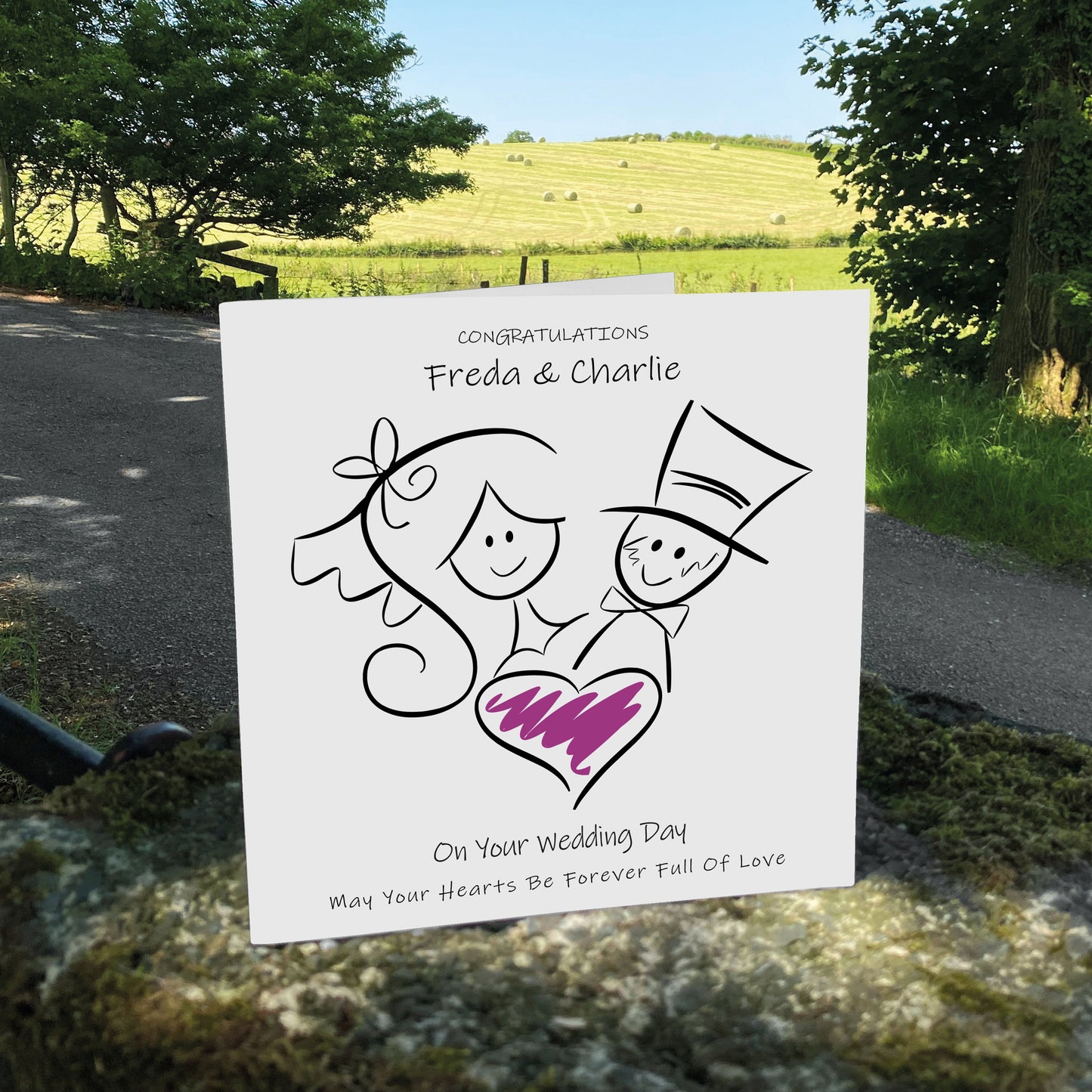 Personalised Wedding Card (Love Heart Couple) - Purple