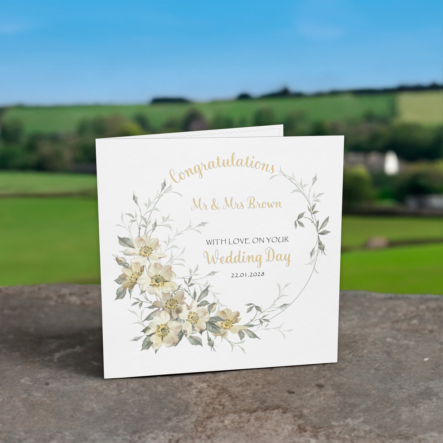 Personalised Wedding Card (Flowers) - Cream