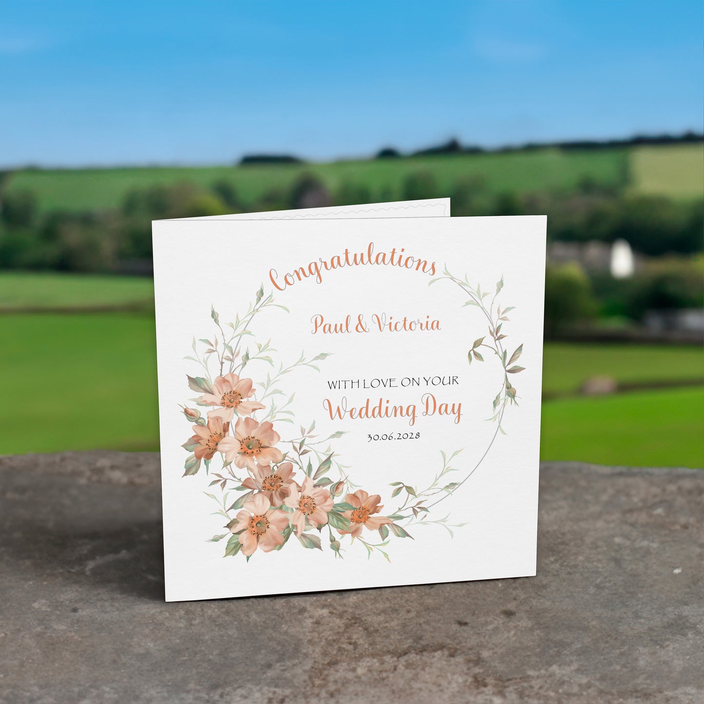 Personalised Wedding Card (Flowers) - Peach