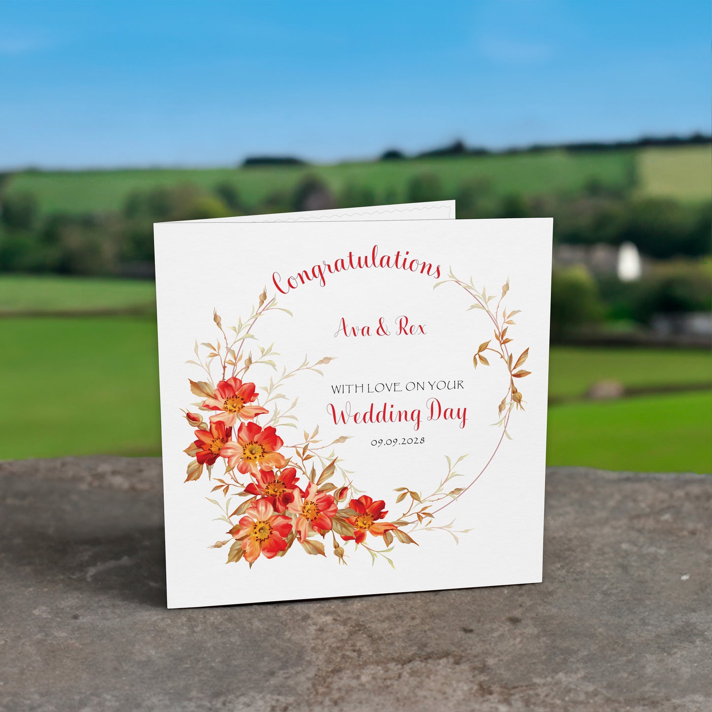 Personalised Wedding Card (Flowers) - Red